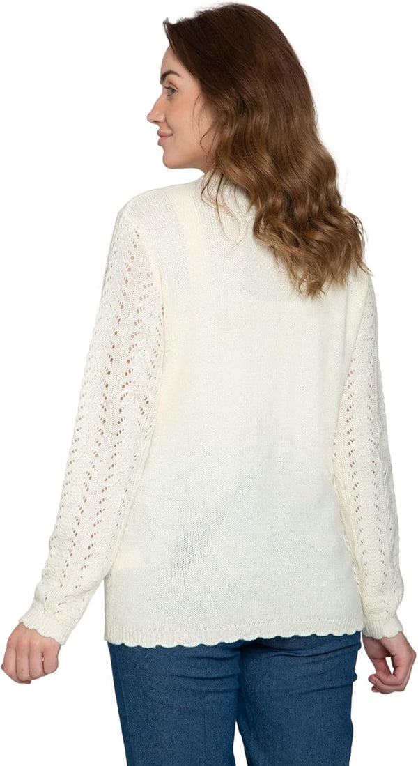 Women's Button Front Crochet Pointelle Cardigan with Pockets