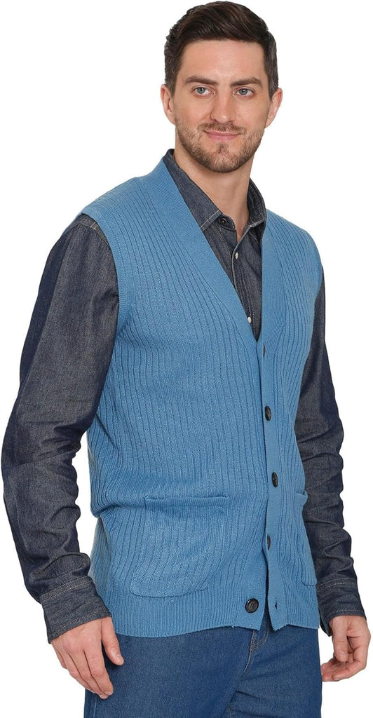 Men's Relaxed Fit Rib Knit Sweater Vest - Button Front with Pockets
