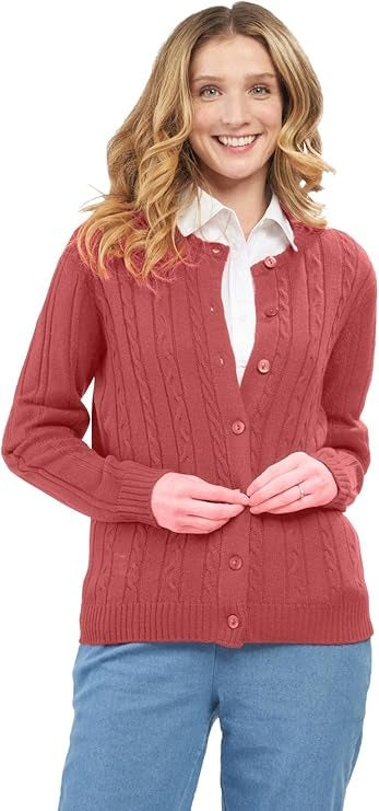 Women's Classic Button Front Cable Knit Cardigan in Soft Acryllic 14