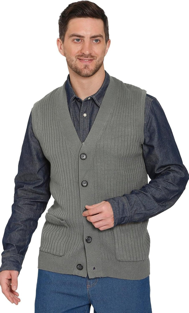 Men's Relaxed Fit Rib Knit Sweater Vest - Button Front with Pockets