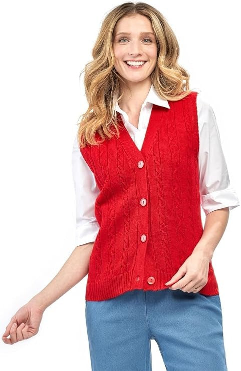 Womens Button Front Cable Knit Cardigan Sweater Vest