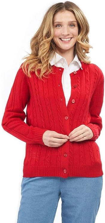 Women's Classic Button Front Cable Knit Cardigan in Soft Acryllic