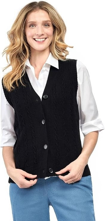 Womens Button Front Cable Knit Cardigan Sweater Vest