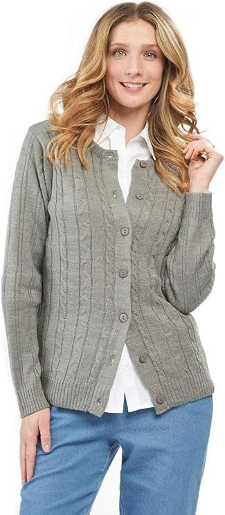 Women's Classic Button Front Cable Knit Cardigan in Soft Acryllic