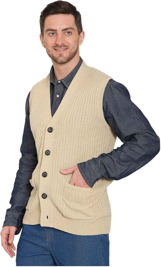 Men's Relaxed Fit Rib Knit Sweater Vest - Button Front with Pockets
