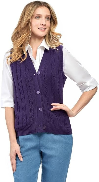 Womens Button Front Cable Knit Cardigan Sweater Vest