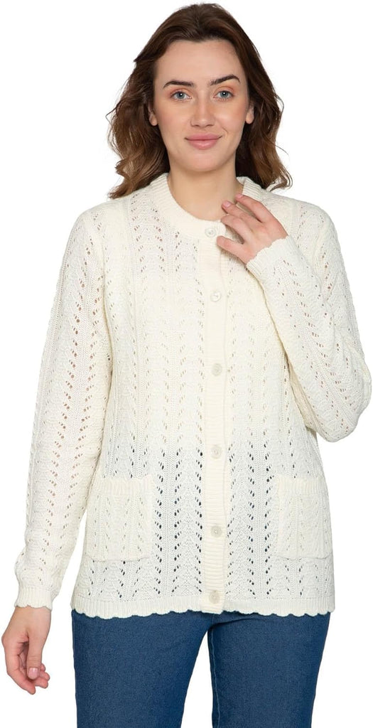 Women's Button Front Crochet Pointelle Cardigan with Pockets