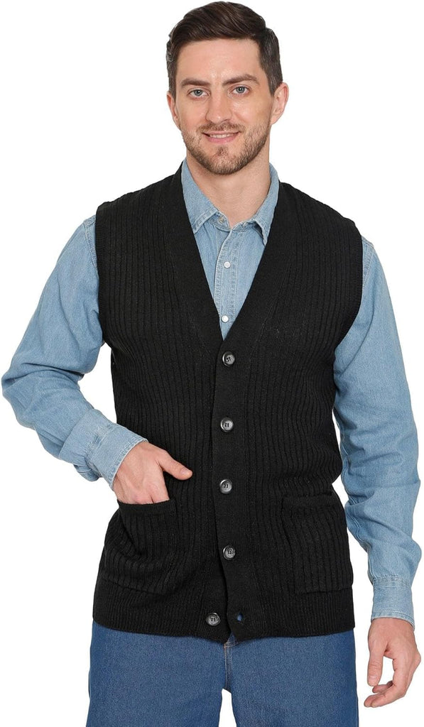 Men's Relaxed Fit Rib Knit Sweater Vest - Button Front with Pockets