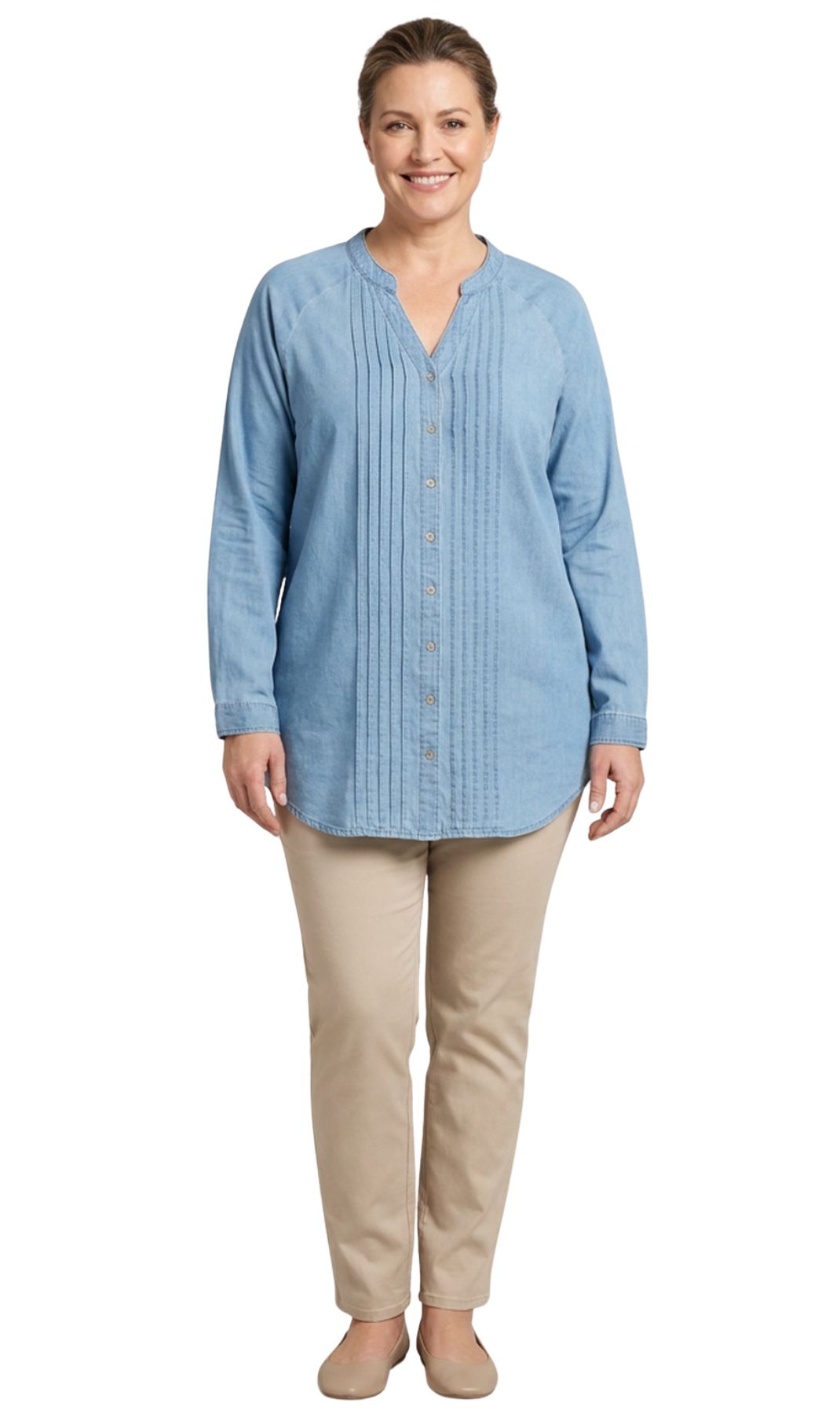 Women's Denim Pintuck Button-Front Tunic Top 12