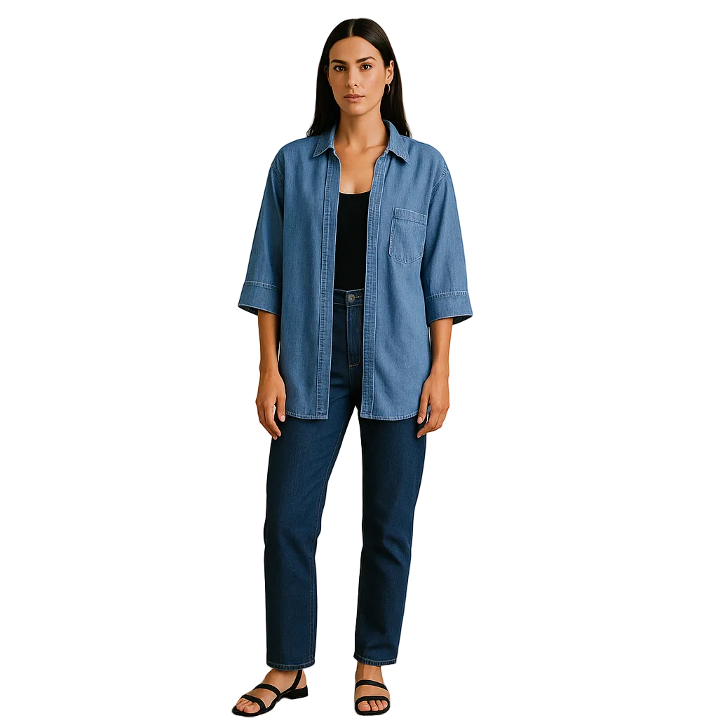 Women's  Denim Button-Front Shirt – 3/4 Sleeve Style 2