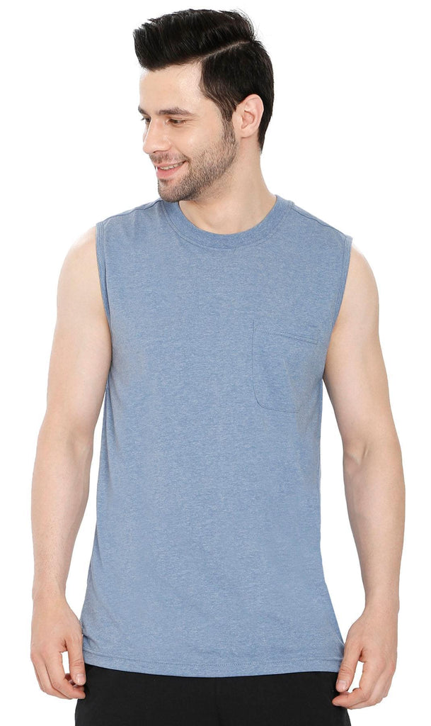 Men's Sleeveless T-Shirt with Pocket - Cool Off in Our Tough Tank - Blue Heather- Front - TURTLE BAY APPAREL