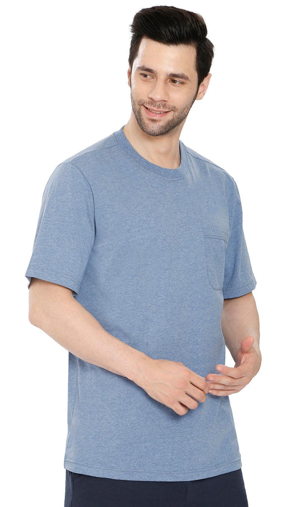 Men's Crew Neck Pocket Tee Shirt - Sturdy Jersey Keeps Its Shape Blue Heather  front TURTLE BAY APPAREL