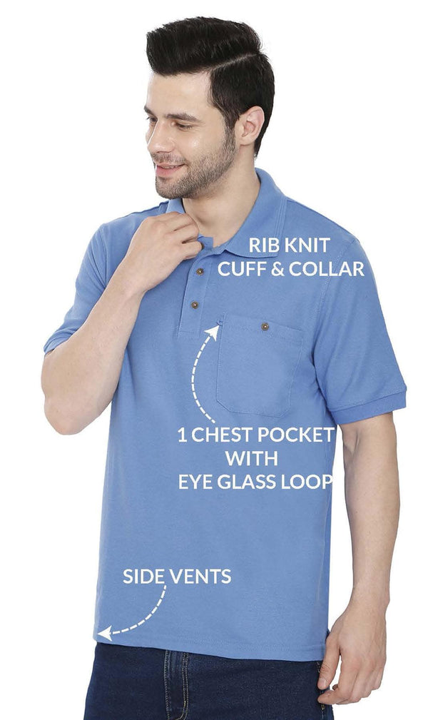 Mens Pique Knit Polo Shirts -  Blue - Details - TURTLE BAY APPAREL