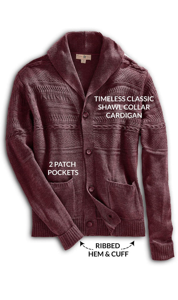 Mens Jacquard Weave Shawl Collar Cardigan - BURGUNDY - details -TURTLE BAY APPAREL