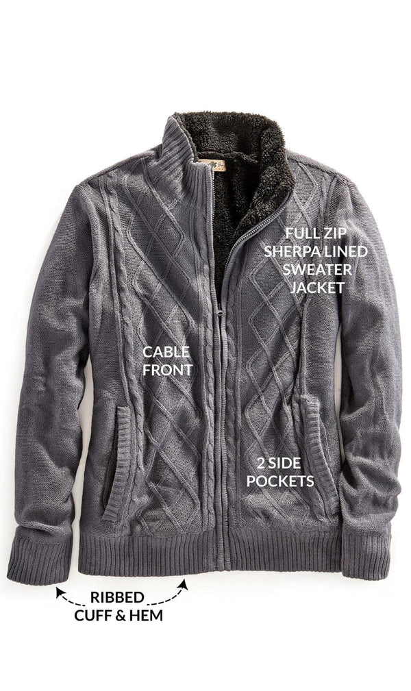 Mens Sherpa Lined Zip Front Sweater Jacket - Charcoal   - Details - TURTLE BAY APPAREL