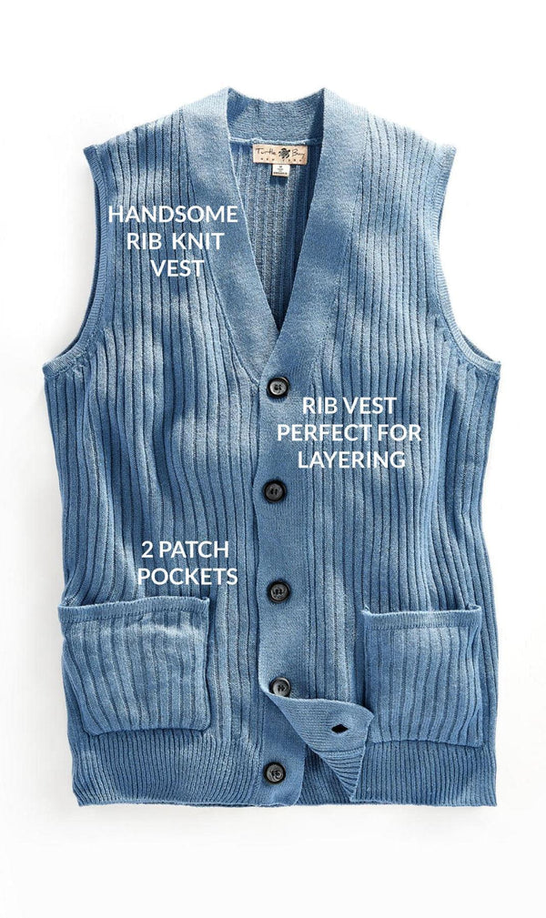 Men's Ribbed Button Front Vest Sweater - Button Up Vest in a Handsome Ribbed Knit- Blue - Details -TURTLE BAY APPAREL