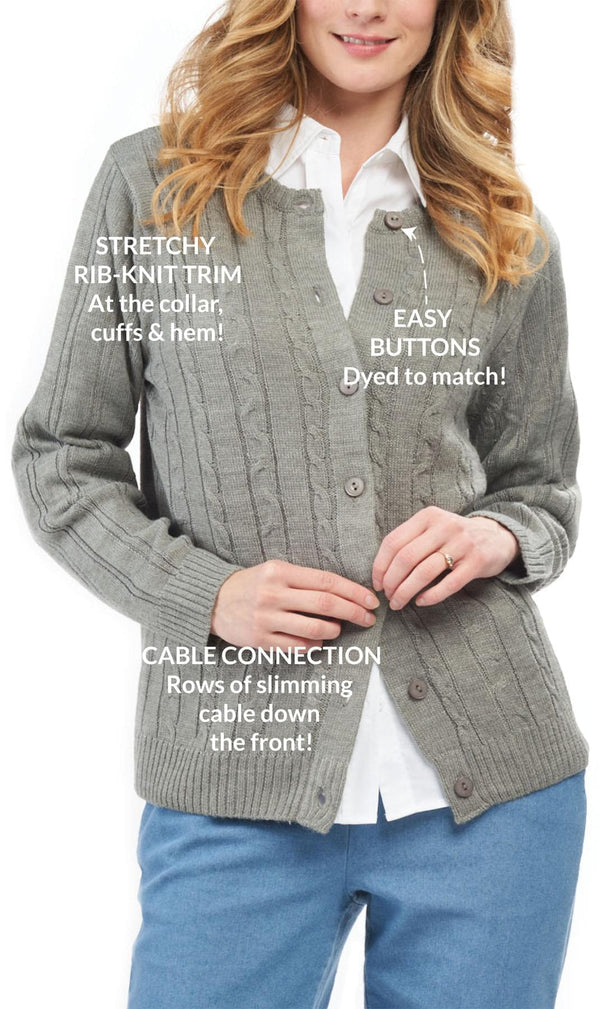 Women's Button Front Cable Cardigan - Button Up Sweater in Soft, Lightweight Acrylic - Grey heather - details - TURTLE BAY APPAREL
