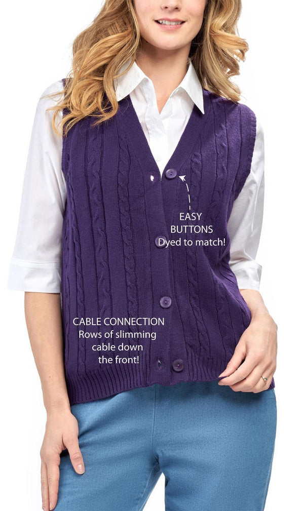 Women's Button Front Cable Cardigan Sweater Vest - Button Up Styling in a Timeless Cable Knit -Eggplant- Close up - TURTLE BAY APPAREL