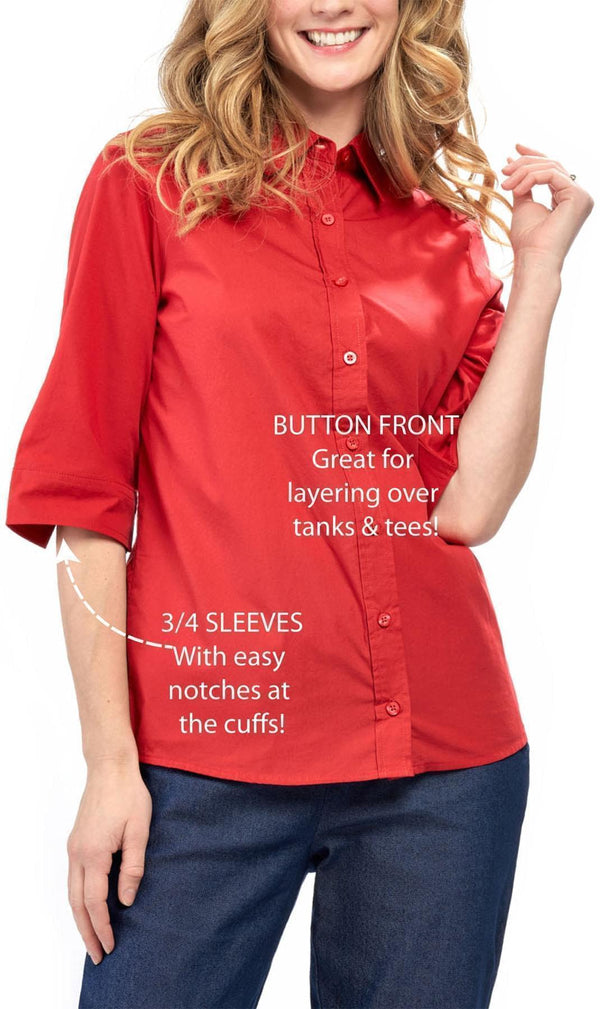 Women's Essential Button Front ¾ Sleeve Camp Shirt - Red - info - TURTLE BAY APPAREL