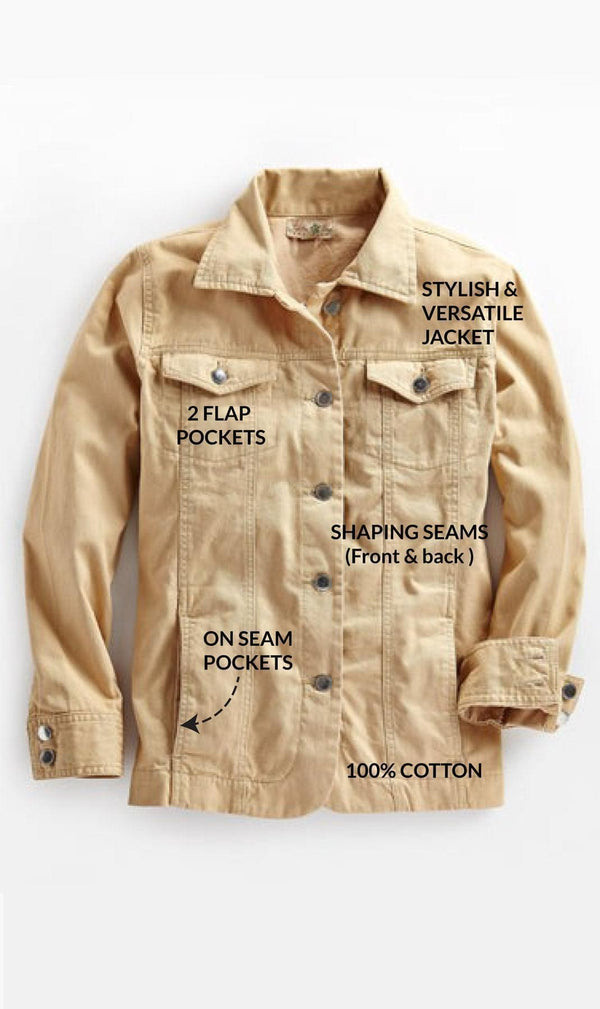 Women's Button Front Brushed Twill Jacket - Tan - Details - TURTLE BAY APPAREL