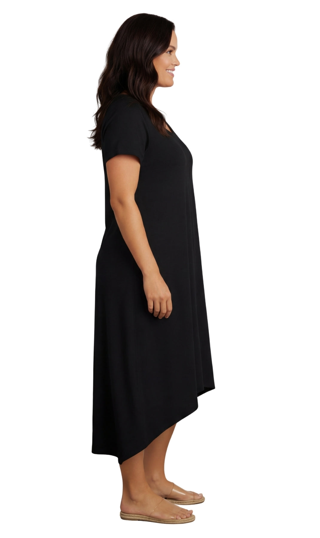 Women's Short Sleeve A-Line Knit Dress — Scoop Neck Asymmetrical Hem 3