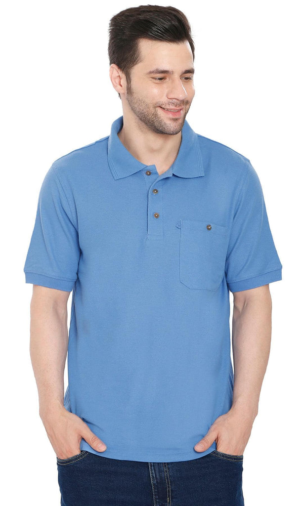Mens Pique Knit Polo Shirts -  Blue - Front  - TURTLE BAY APPAREL