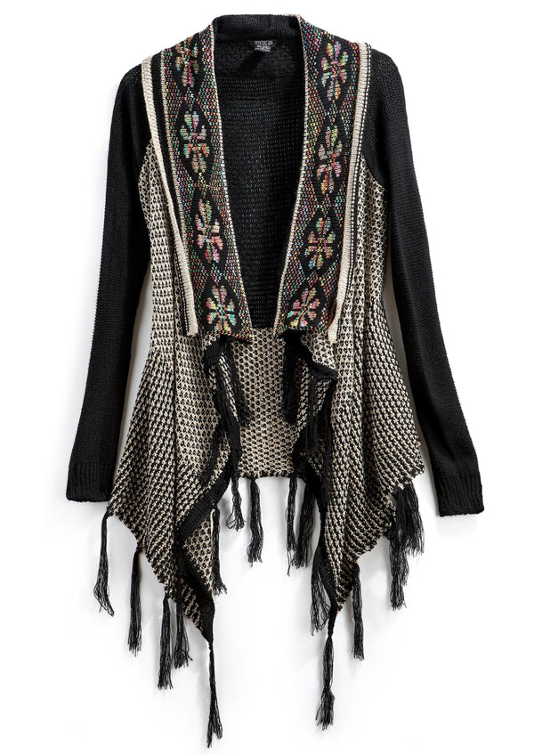 Women's Fringed Jacquard Weave Open Front Long Cardigan - Flat lay - TURTLE BAY APPAREL