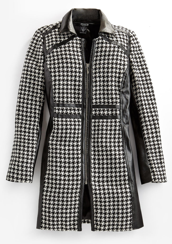 Women's Houndstooth Zip Front Mixed Media Vegan Leather Jackets - Flat lay - TURTLE BAY APPAREL
