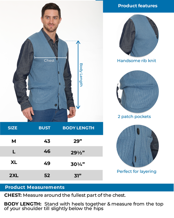 Men's Ribbed Button Front Vest Sweater – Button Up Vest in a Handsome Ribbed Knit