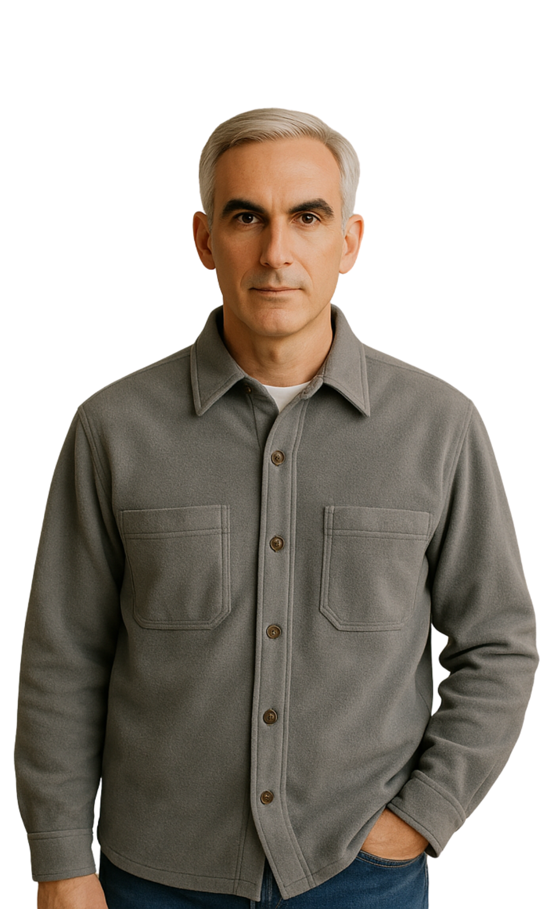 Man wearing a gray button-up shirt with a white background_FRONT
