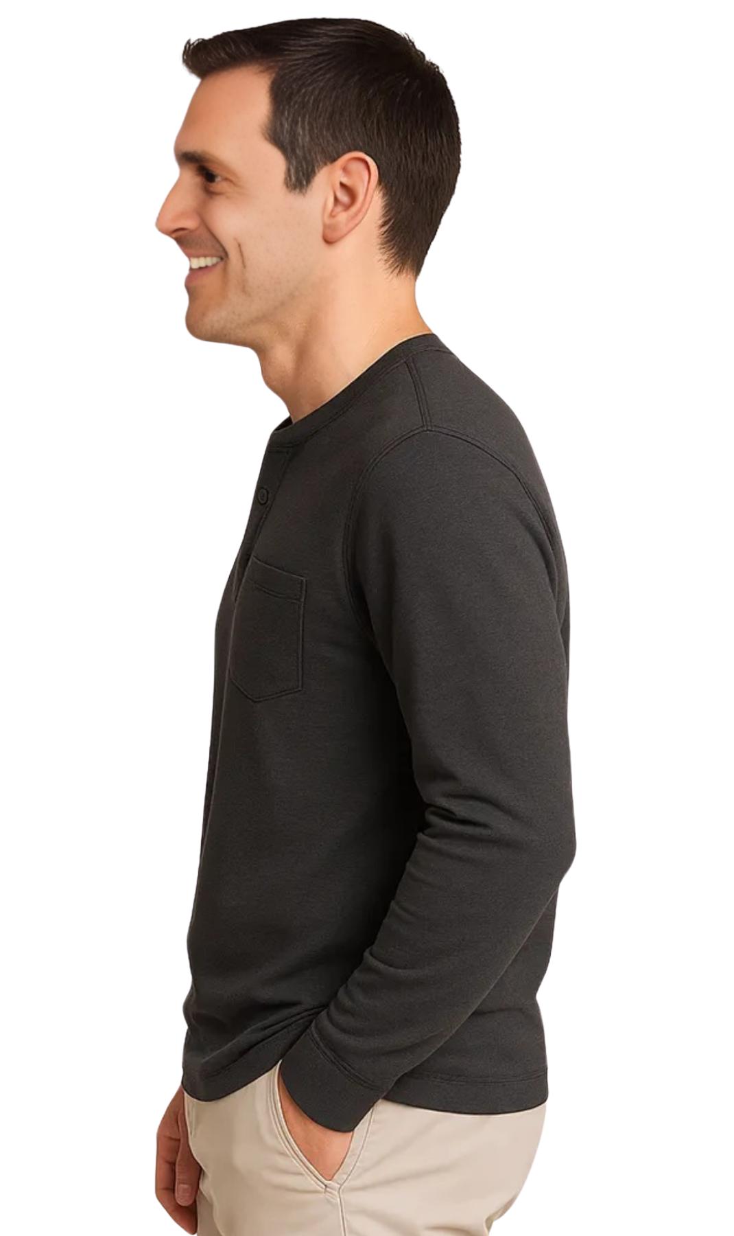 Turtle Bay New York Men's Long Sleeve Henley Shirt with 3 Button Placket-Charcoal Heather-20408 Side