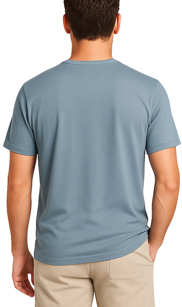 Man wearing a light blue t-shirt on a white background