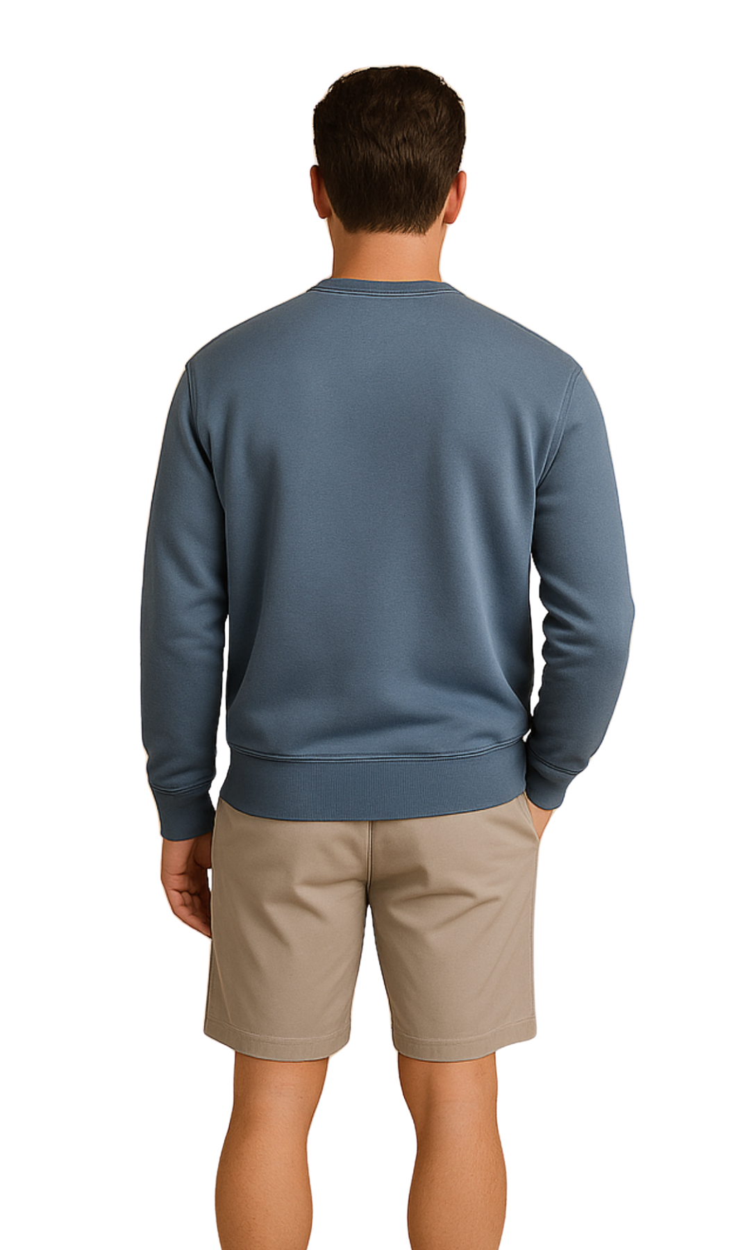 Person wearing a blue sweatshirt and beige shorts on a white background