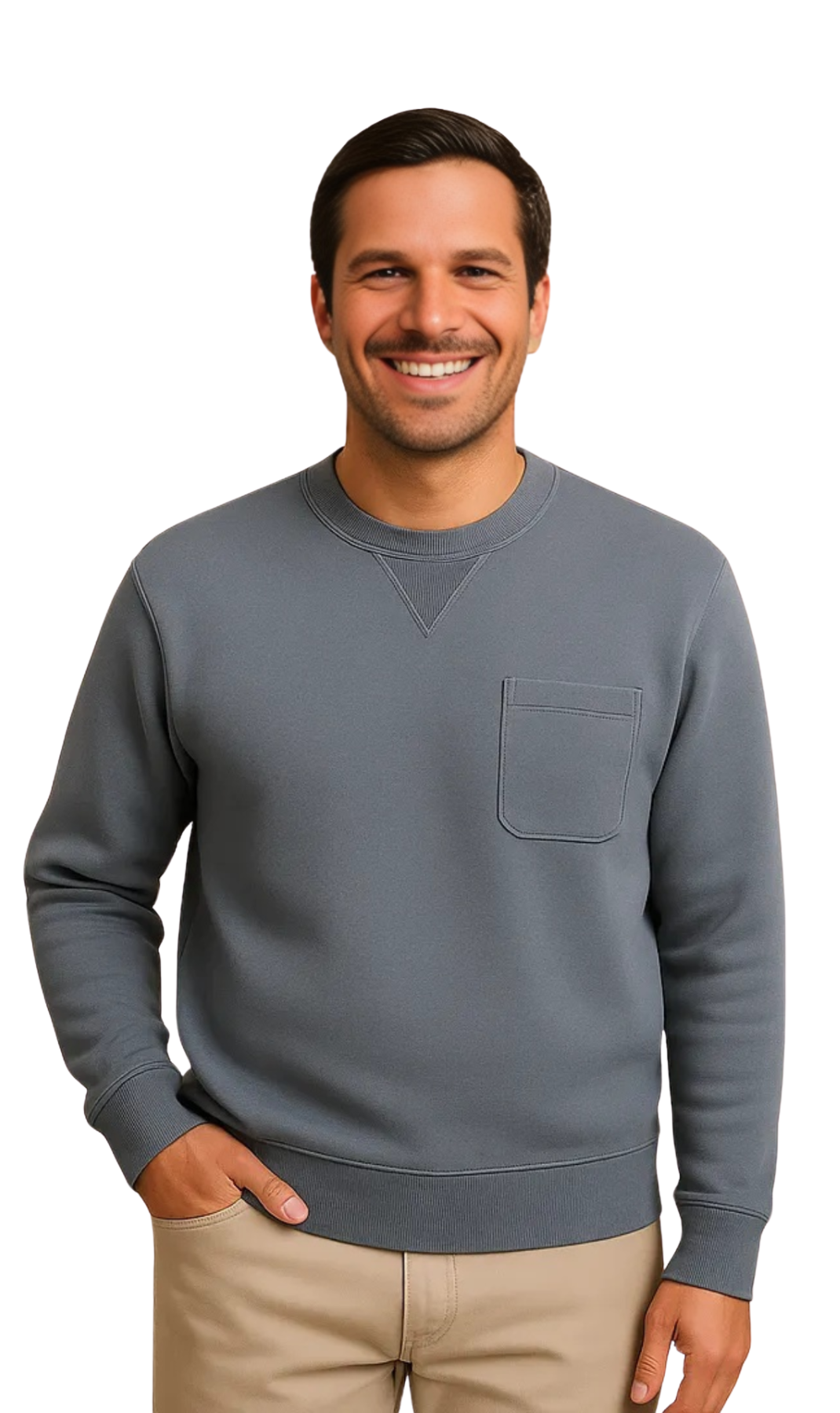 Man wearing a gray sweatshirt with a pocket on a white background