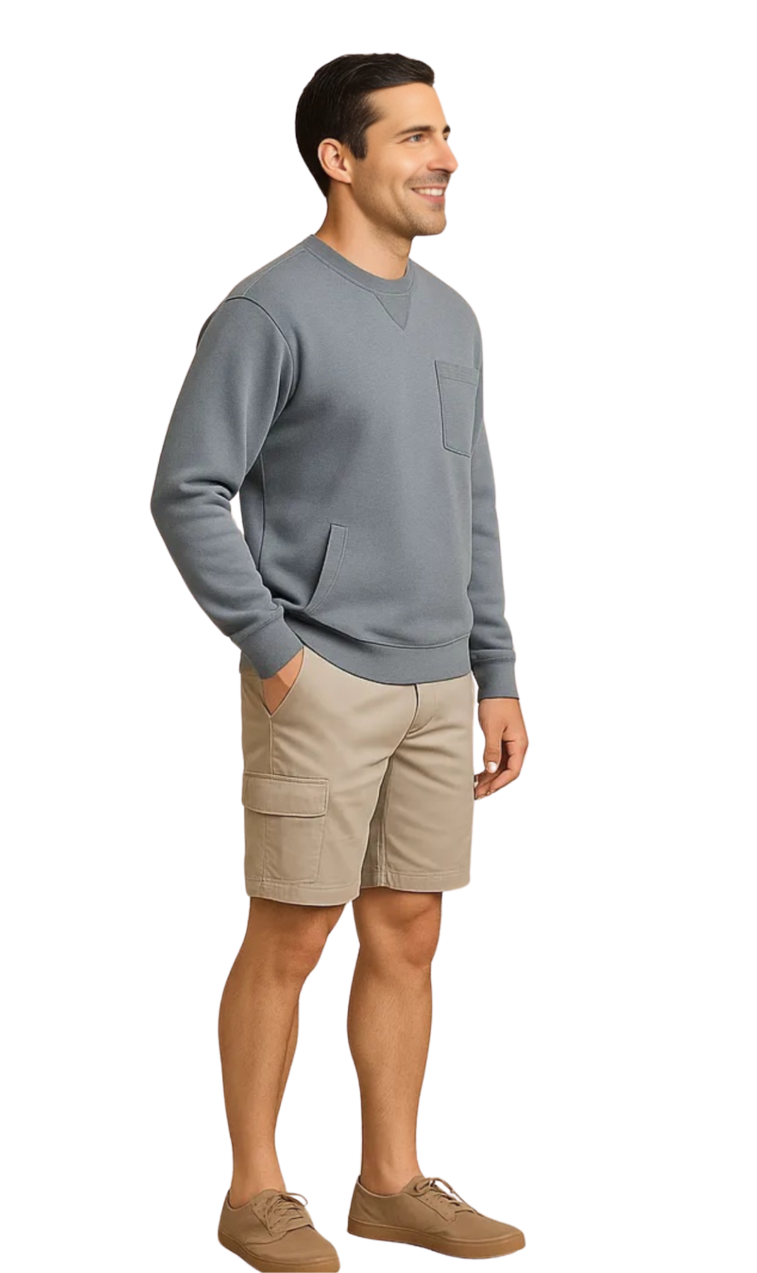 Man wearing a gray sweater and beige shorts on a white background