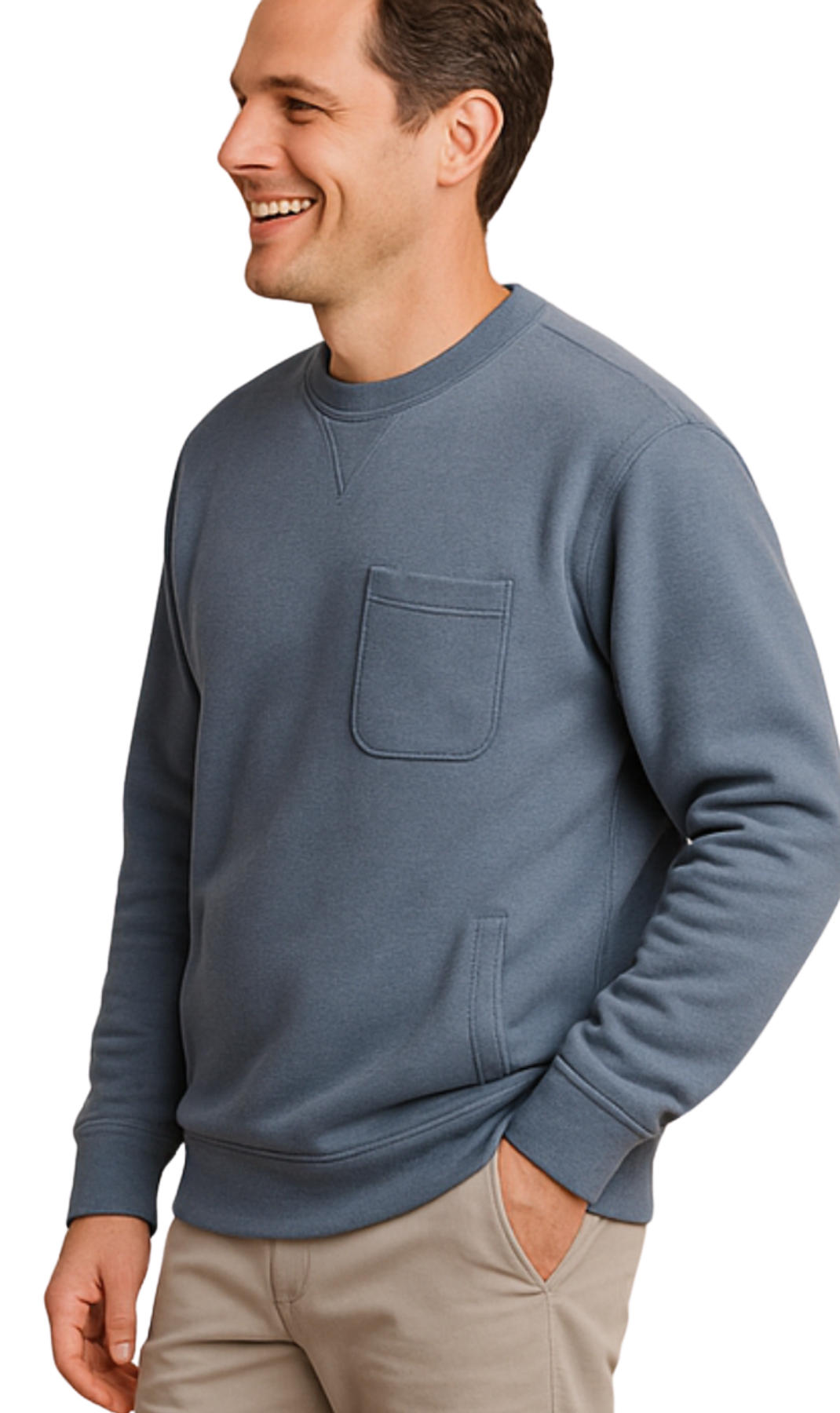 Man wearing a blue sweatshirt with a pocket on a white background