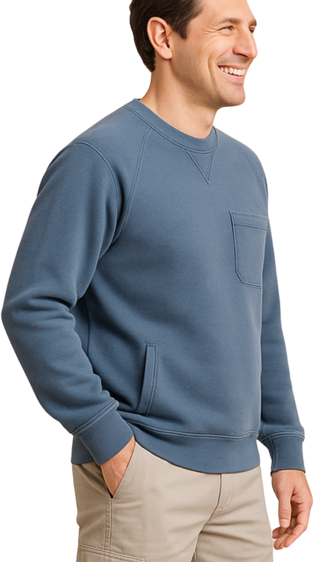Man wearing a blue sweatshirt with a pocket on a white background