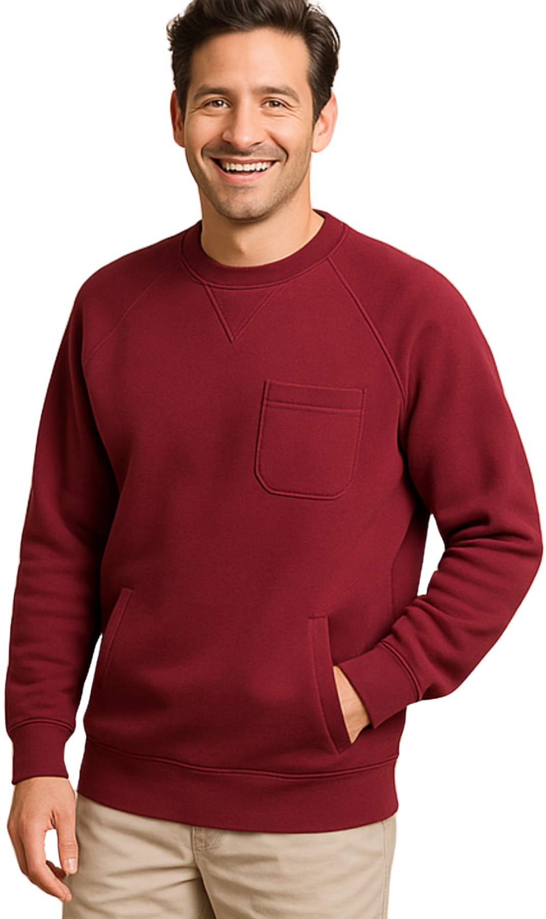 Man wearing a maroon sweatshirt with a pocket on a white background