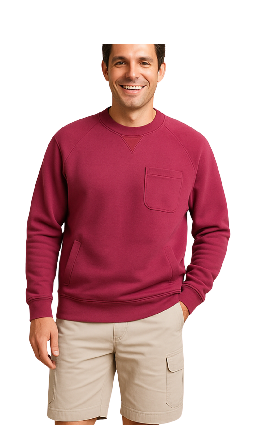 Man wearing a Burgendy sweatshirt with a pocket on a white background