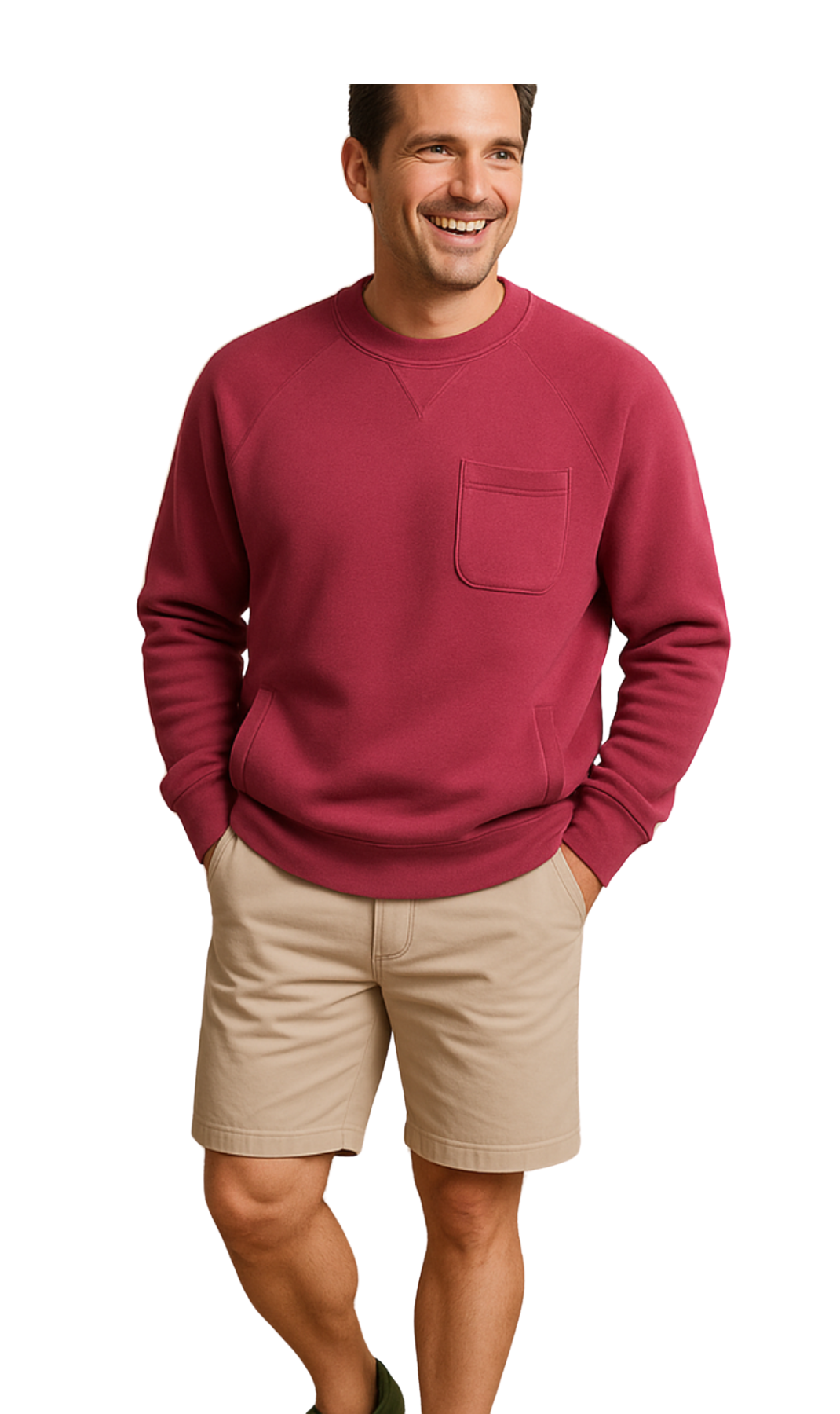 Man wearing a red sweatshirt and beige shorts on a white background