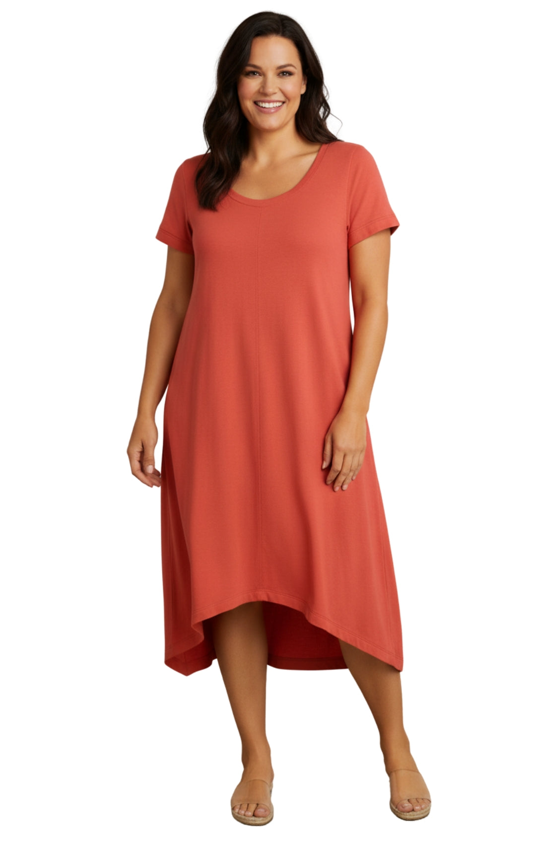Women's Short Sleeve A-Line Knit Dress — Scoop Neck Asymmetrical Hem 5