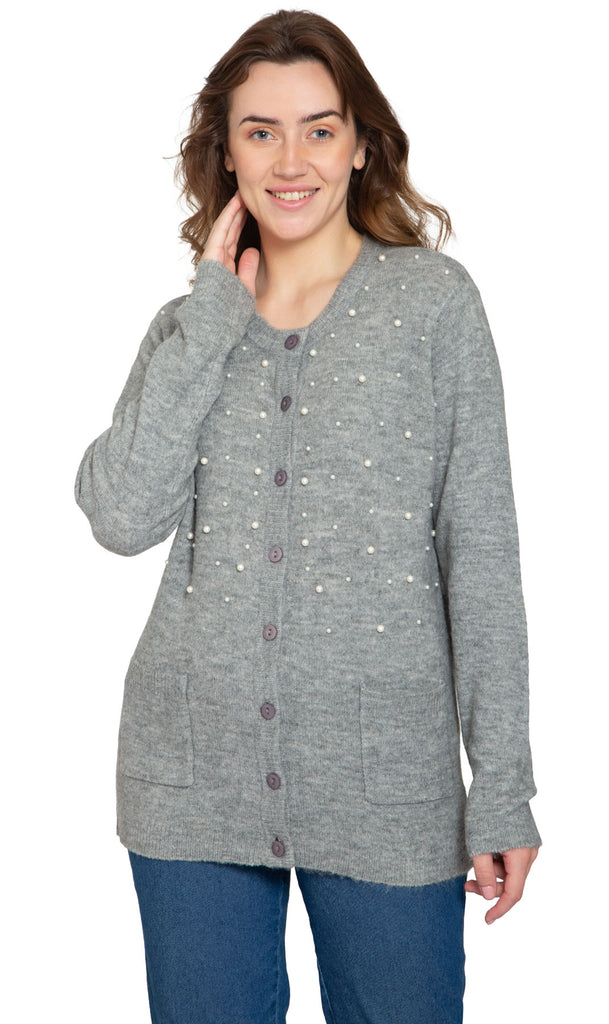 Women's Faux Pearl Cardigan – Luxe Beaded Sweater in a Cashmere-Soft Knit