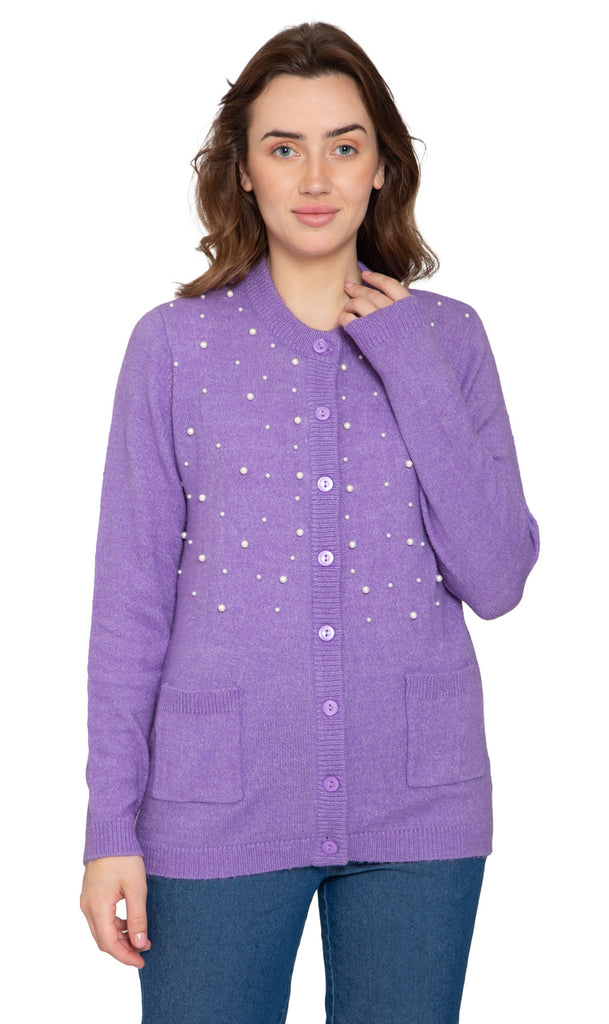 Women's Faux Pearl Cardigan – Luxe Beaded Sweater in a Cashmere-Soft Knit
