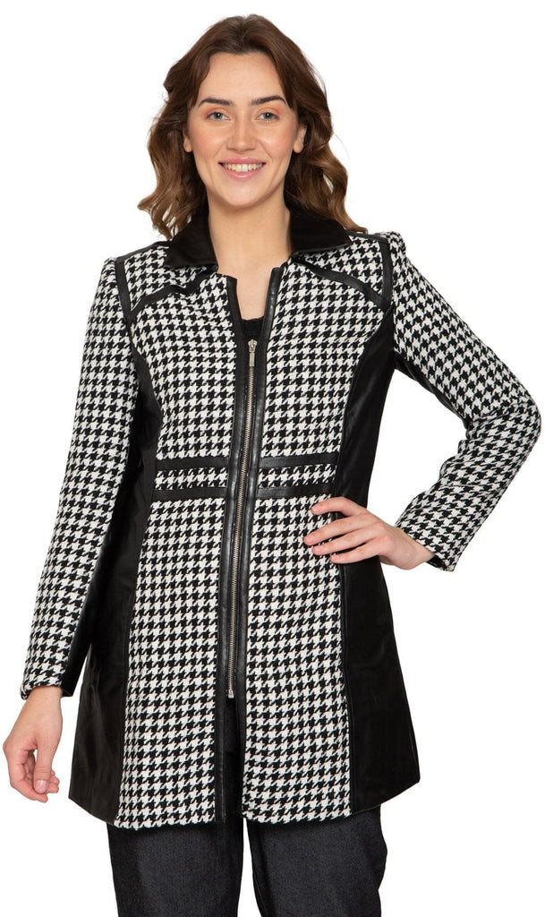 Women's Houndstooth Zip Front Mixed Media Vegan Leather Jackets - Front - TURTLE BAY APPAREL