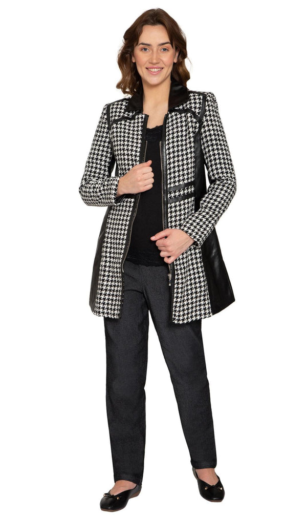 Women's Houndstooth Zip Front Mixed Media Vegan Leather Jackets - Full - TURTLE BAY APPAREL