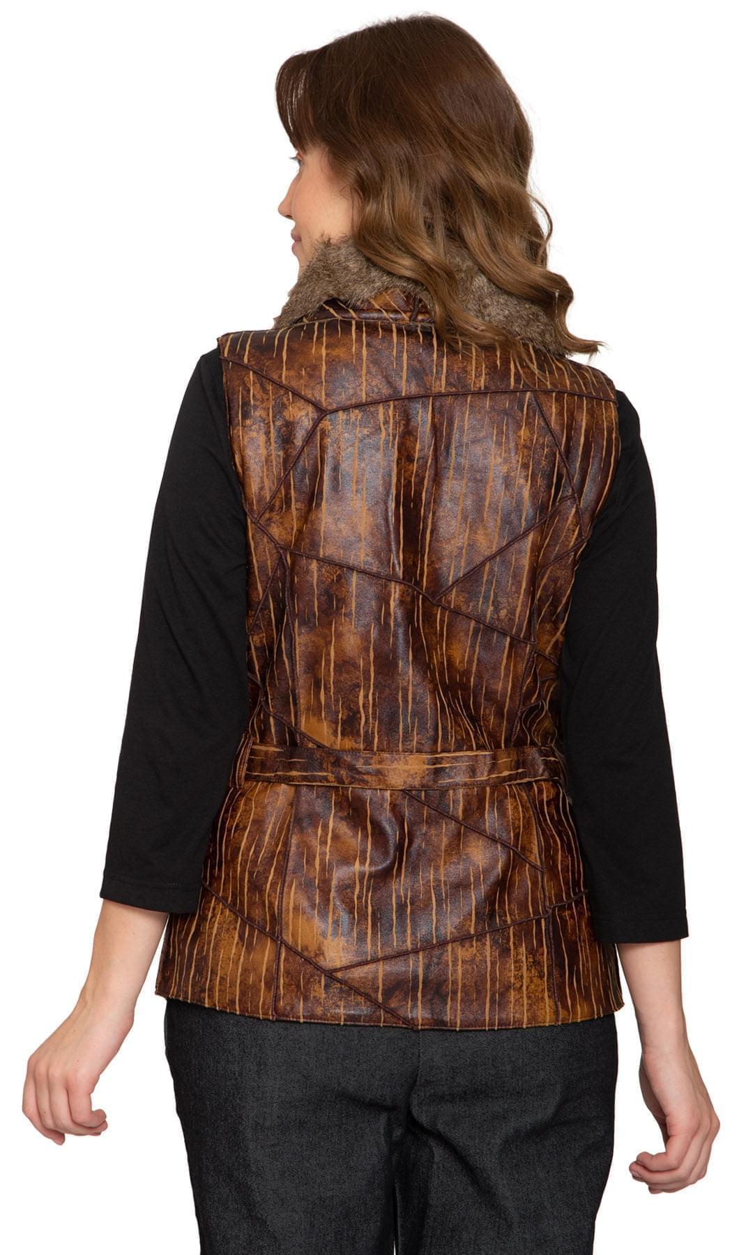 Women's Faux Fur Trimmed Belted Vegan Leather Vest - ack - TURTLE BAY APPAREL