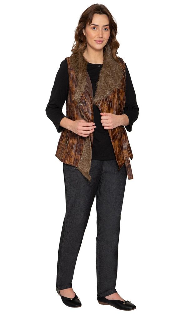 Women's Faux Fur Trimmed Belted Vegan Leather Vest - Full - TURTLE BAY APPAREL