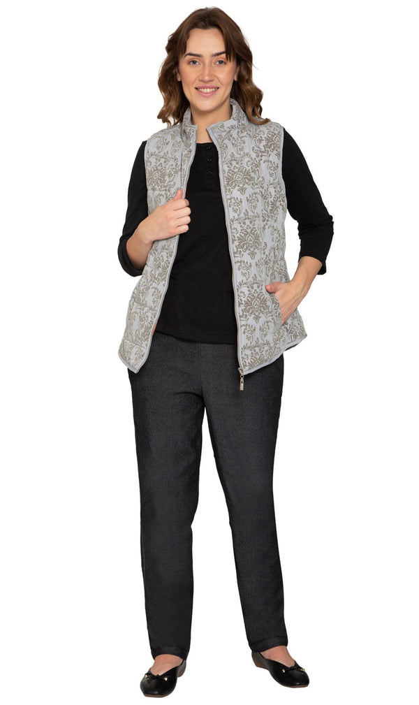 Women's Flocked Damask Print Zip Front Vest With Lining And Fill - Full -  TURTLE BAY APPAREL
