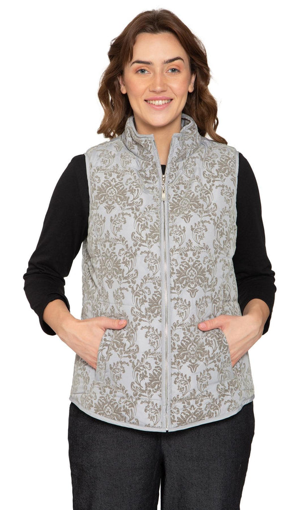 Women's Flocked Damask Print Zip Front Vest With Lining And Fill - Front - TURTLE BAY APPAREL
