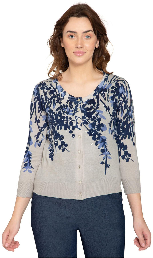 Women's 3/4 Sleeve Knit Printed And Embellished Cardigan Sweater -Blue Multi - front -TURTLE BAY APPAREL